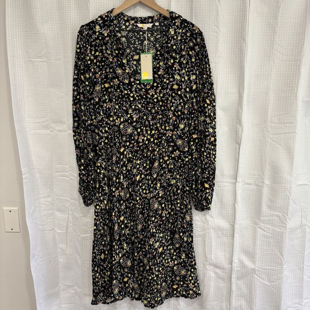 Boden Dress Womens Size 14 L Black Wildflower Paisley Floral Tie Neck Shirt NWT - Picture 2 of 9